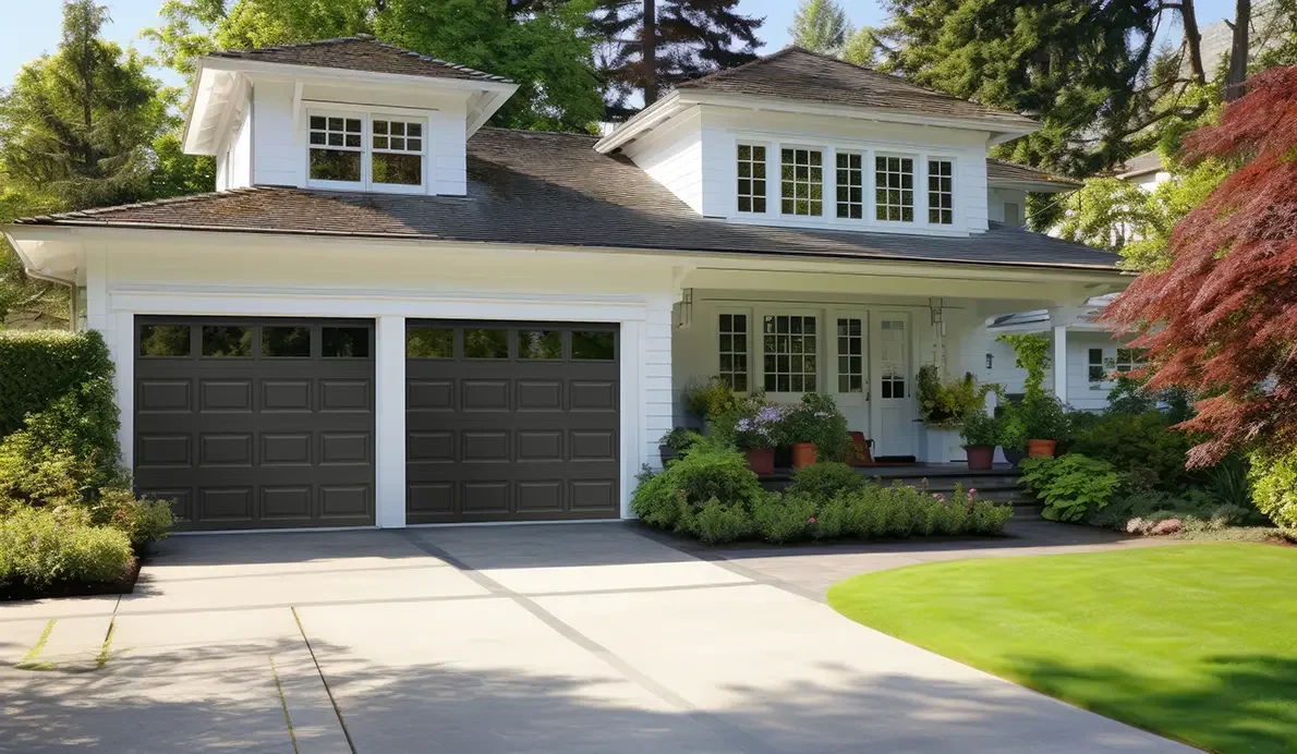 Classic raised-panel garage door in a neutral finish on a suburban home.