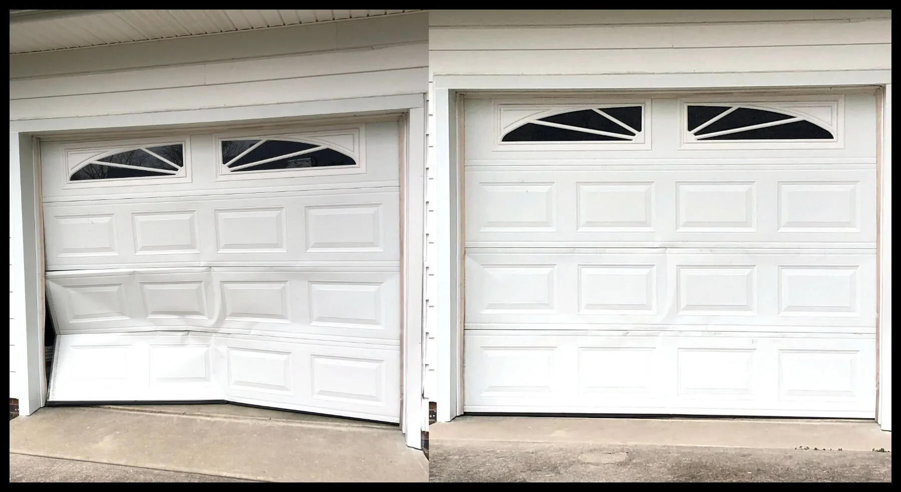 Two views of a white sectional garage door used to illustrate garage door repair.